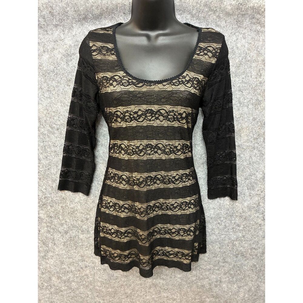 Y2K Black Lace Romantic Goth Dark Feminine Overlay Tunic Top Sheer Sleeve Size M